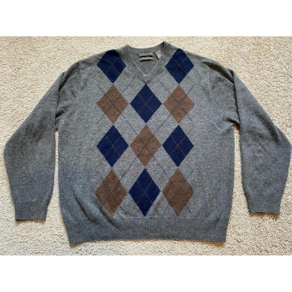 Giasone Sweater Cashmere Men XL Academia Argyle V Neck Classic Prep sku42
